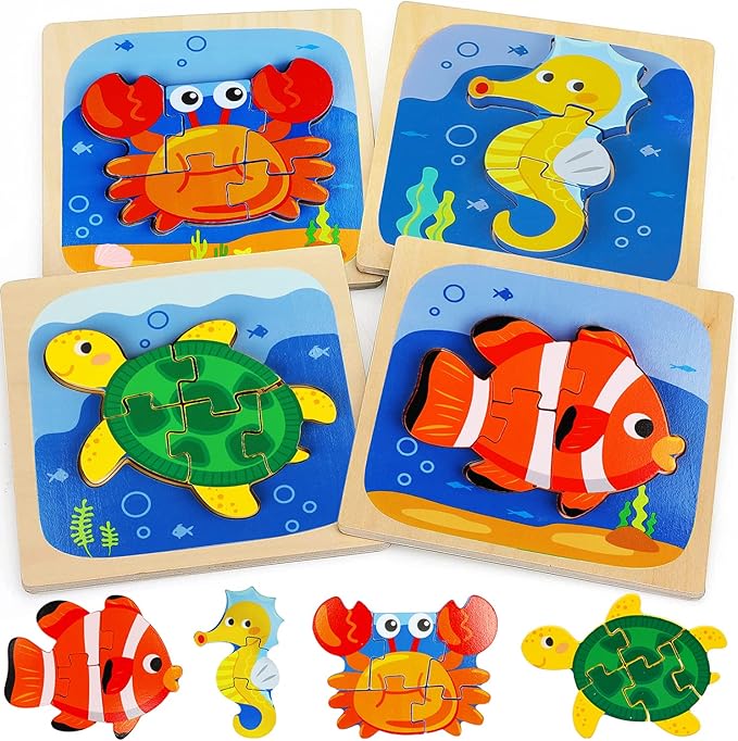 TOY Life Wooden Puzzles for Toddlers 2-4, Sea Animals Puzzles for Toddlers 1-3, Wood Puzzles Educational Montessori Toys Gifts for 1 2 3 Year Old, Baby Kids Learning Toy