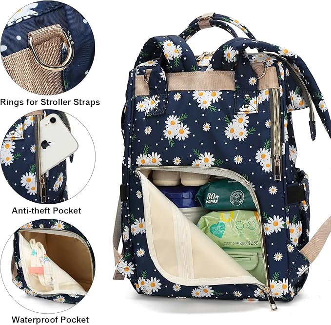 Daisy Baby Diaper Bag Backpack for Women, Large Capacity Waterproof Maternity Travel Nappy Backpacks with Stroller Straps