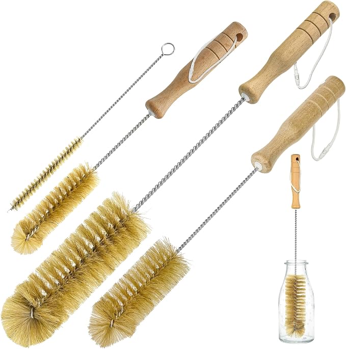 Boar Bristle Bottle Brush Set (4 Pack) - Straw & Water Bottle Cleaner with Long Wooden Handles, Scrubber for Stanley Cups, Tumblers & Jars, 304 Stainless Steel Wire, Kraft Packaging