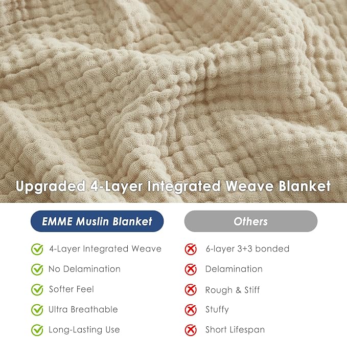 EMME Cotton Throw Blanket Large 4-Layer Gifts for Women 100% Muslin for Couch Breathable Gauze All Season Beige Soft and Lightweight Pre-Washed