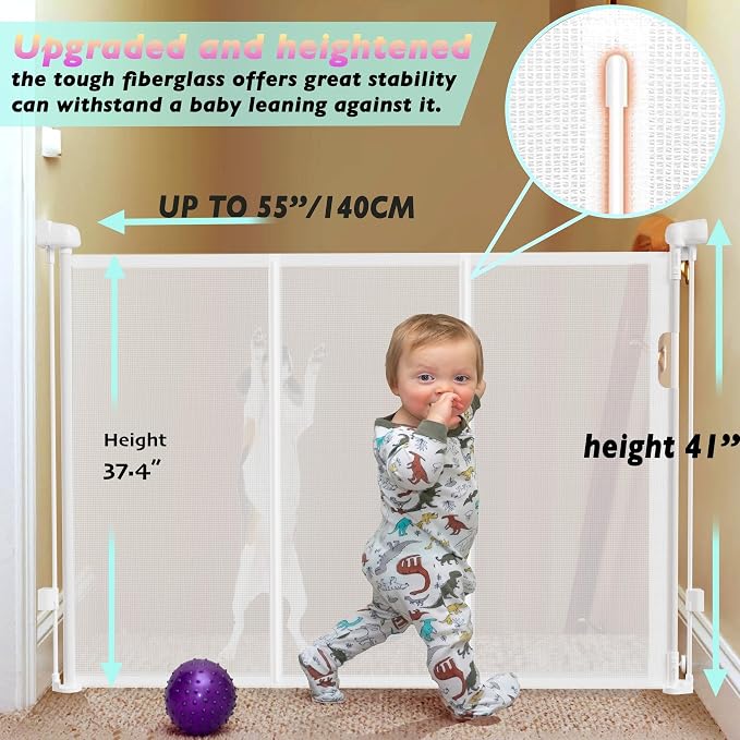 Retractable Baby Gates for Stairs, 55" Wide Baby Gate Dog Gate, 41" Tall Retractable Pet Gate for Doorways, Child Safety Gates Mesh Gate with Fiberglass Rods for Stairways, Hallways, Indoor/Outdoor