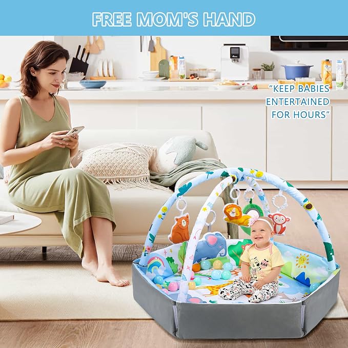 Baby Gym Play Mat, 8-in-1 Tummy Time Mat & Activity Gym Mat Ball Pit with Detachable Toys, Washable Infant Play Mat for Visual, Hearing, Sensory, Motor Development, Newborn Baby Toys Gift for Toddler 0-3-6-9-12 Months Easy to Install