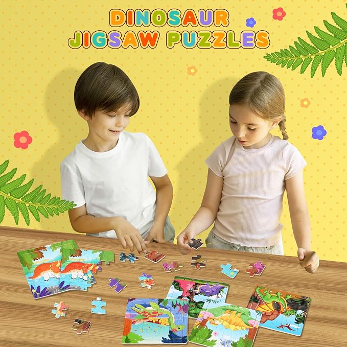 SANNIX Dinosaur Wooden Puzzles with 12 Storage Bags, Dinosaurs, Animals, Puzzles for 3 4 5 Year Old Kids, Party Gifts, Travel Toys for Boys and Girls