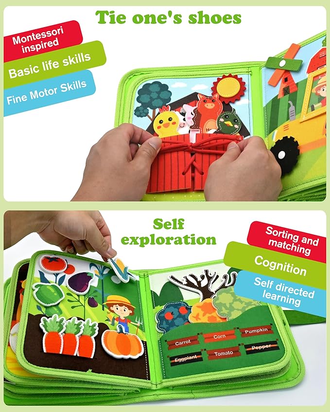 Meafeng Busy Board for Toddlers 1-3 – Montessori Busy Toys for 1 2 3 Year Old Boys Girls, Preschool Educational Travel Quiet Activity Book with Life Skills, Sorting, Matching, and Cognitive Games