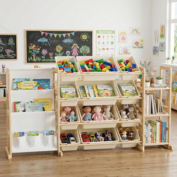 Large Toy Storage Organizer with 12 Bins, 4-Tier Bookshelf & 3 Side Shelves, 59" Wide Kids Room Organization, Easy Assembly for Playroom, Bedroom, Nursery Room, White