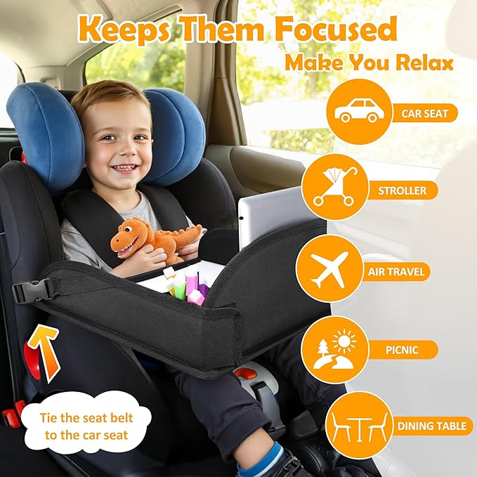 2Pcs Kids Travel Tray for Toddler Carseat, Road Trip Activities Essentials for Toddler, Kids Lap Desk Tray with Tablet Holder Stand ï¼?Dry Erase Board (Black-2Pcs)