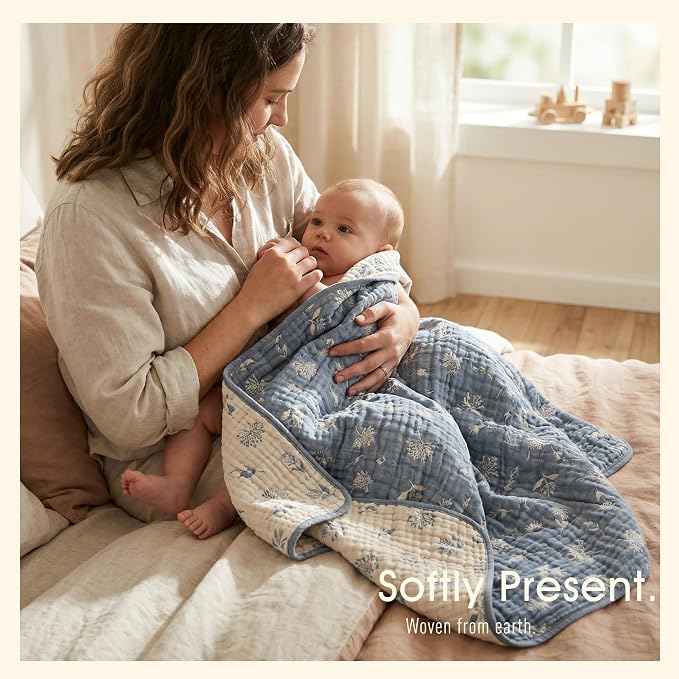 6-Layer Muslin Baby Blanket - Made with Organic Cotton, Earthy Botanicals Jacquard Swaddle & Crib Quilt, 43" x 43" (Navy Blue Floral)