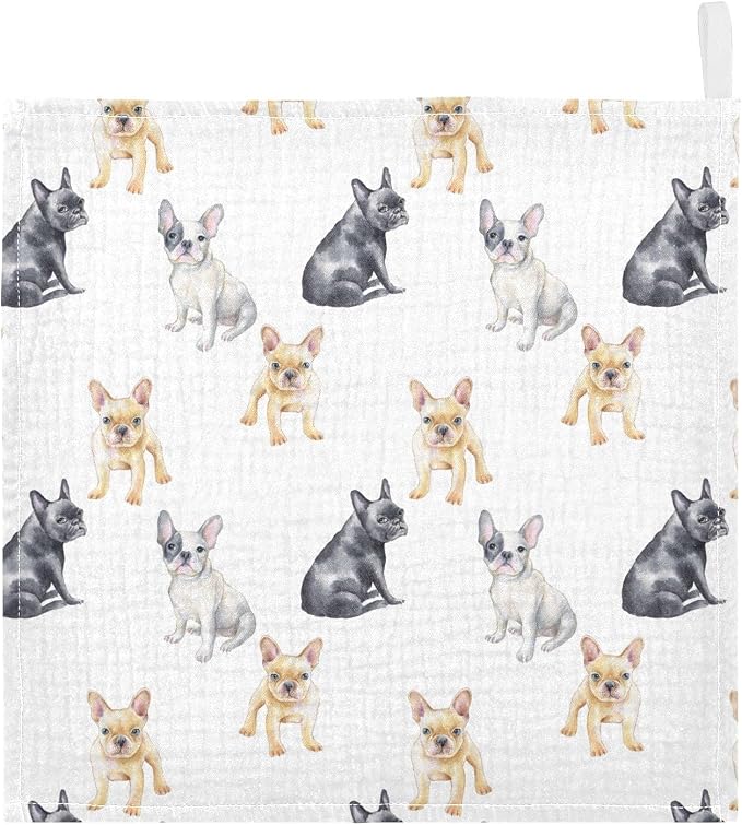 Baby Washcloths Cotton Pets French Bulldog Baby Muslin Washcloths Soft Baby Face Towel for Newborn Infants Baby Wipes, 11.8 X 11.8 Inch, 5 Pack