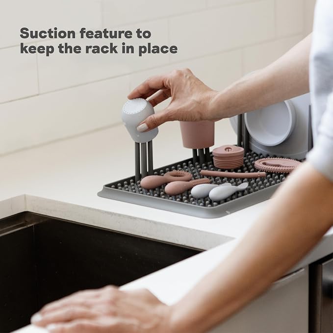 ezpz Drying Rack (Gray) - Silicone Dish Drying Rack with Suction Base - Adjustable Pegs - Odor-Resistant - Dry + Store Baby/Toddler Gear