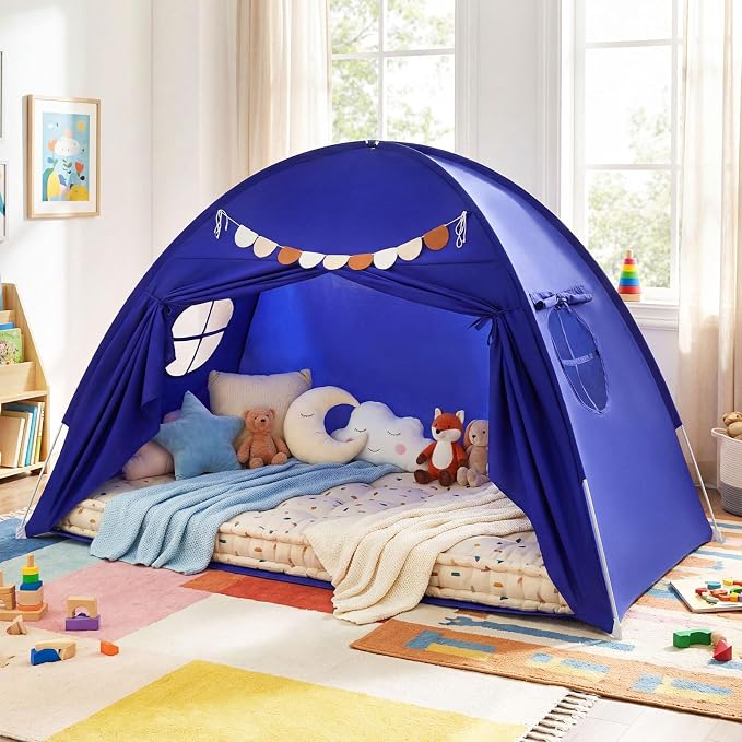 Costzon Toddler Bed Tent, Twin Size Indoor Canopy Tent for Kids w/ 2 Windows, Flag Banner, Brushed Fabric Privacy Playhouse, Portable Play Tent for Bunk Bed, Playroom, Suits 3+ Boys & Girls (Navy)