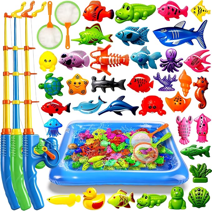 CozyBomB??Magnetic Fishing Toys Game Set for Kids | Water Table Bathtub Kiddie Pool Party Pole Rod Net, Outdoor Plastic Floating Fish, Toddler Bath Color Ocean Sea Animals Birthday Gift Age 3-5 6 4-8
