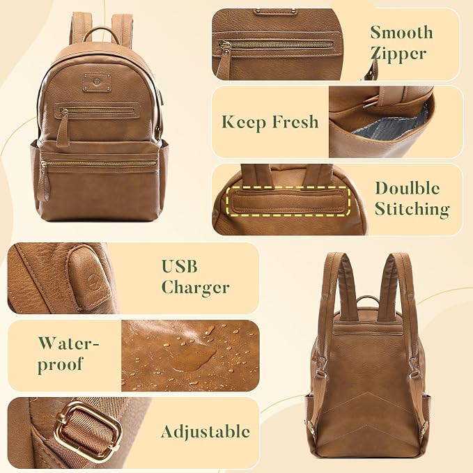miss fong Small Diaper Bag for Travel Leather Diaper Bag Backpack Baby Diaper Bag with 7 Pockets with USB Charger & 2 Insulated Pockets