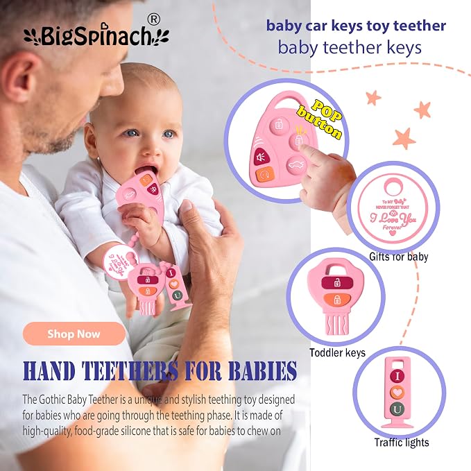 BIGSPINACH Baby Goth Teething Keys Toy 6-12M Pink Car Key Teether Combo Set