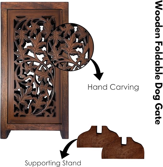 Folding Dog Gate for Indoor Use, 4 Panel Free Standing Wooden Pet Barrier, 56x28 Inch Decorative Lucy Design Dog Fence for Doorway, Stairs, or Hallway, Natural Burnt