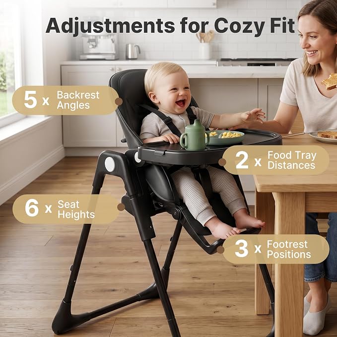 Baby High Chair, Convertible Folding Highchair with Dishwasher-Safe Tray, Adjustable Heights & Backrest, 5-Point Harness, Portable Dining High Chairs for Babies and Toddlers (Black)
