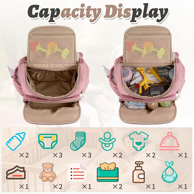 Diaper Bag Backpack, 22L Large Quilted Small Baby Bag with Changing Pad & Pacifier Case, Stroller Hooks, Easy-Access Baby Essential, Maternity Travel Backpack Unisex, Pink