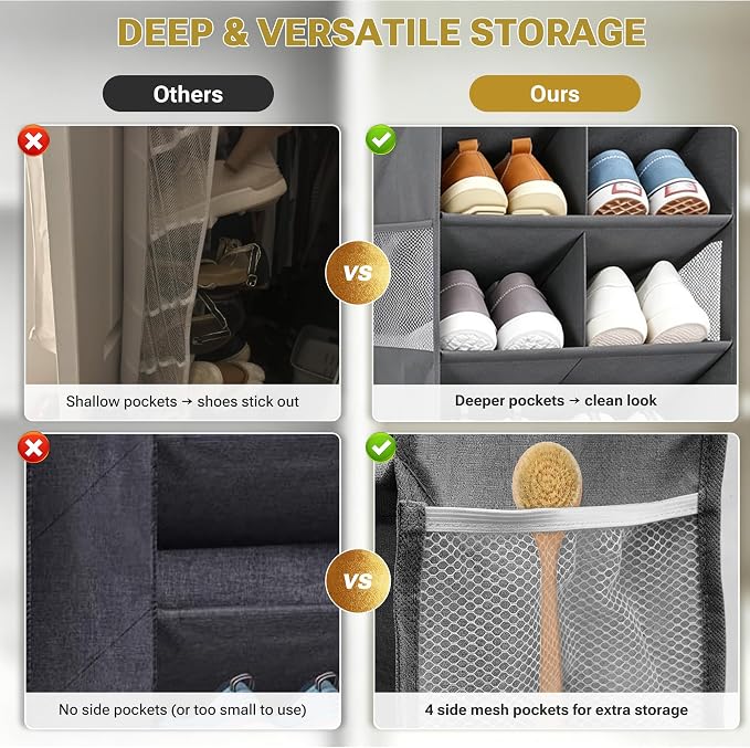 6 Tier Hanging Shoe Organizer – 100D Extra Thick Deep Pockets, Shoe Rack for Closet, Shoe Rack for Entryway, Shoe Organizer for Closet, Over the Door Shoe Organizer with 4 Side Pockets (Transparent)