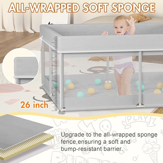 Omzer Baby Playpen with Mat 71x59inch: Large Playpen for Babies and Toddlers Indoor Safety Play Pen with Soft Breathable Mesh - All-Wrapped Sponge Sturdy Play Yard with Stable Mat Magic Sticker