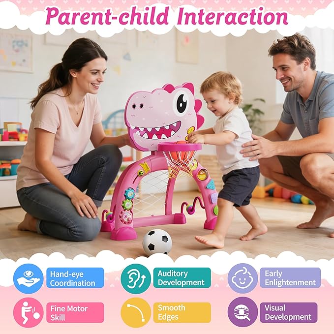 Dinosaur Toddler Basketball Hoop & Soccer Goal Montessori Toys with Sound and Music for Baby 12-18 Months,Twinkoo Christmas Birthday Gift Toys for 1 Year Old Boy and Girl(Pink)