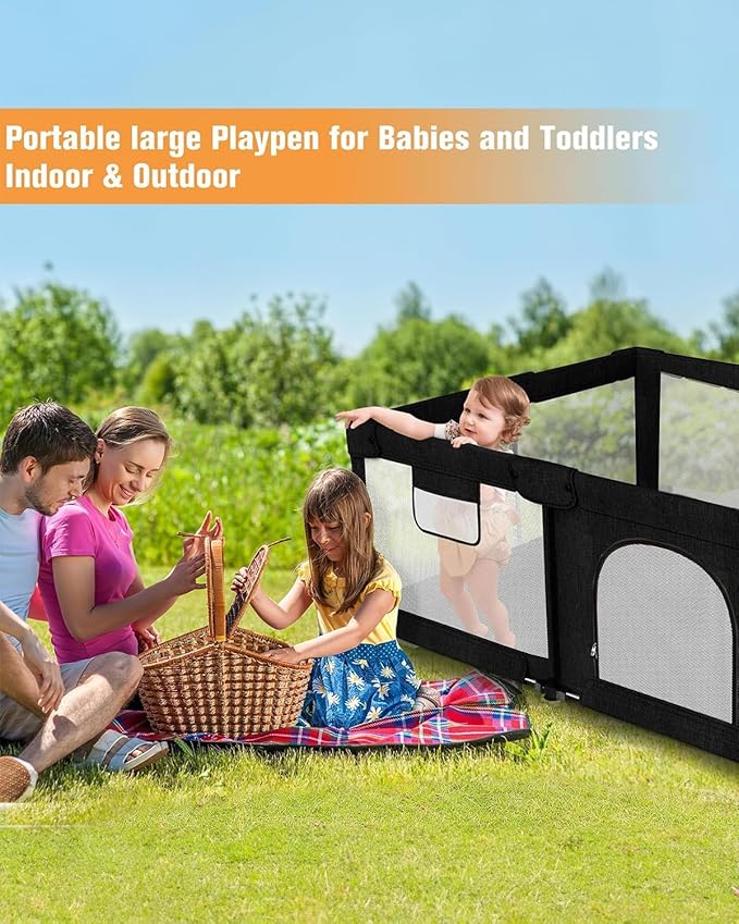 Veraste Foldable Baby Playpen with Gate, Extra Large Collapsible Play Yard for Babies & Toddlers, Portable Travel Playpen, Baby Activity Center for Indoor & Outdoor Use (Black 59"×71")