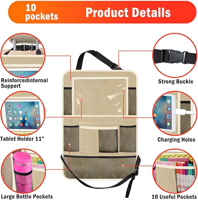 Car Backseat Organizer ï¼? Pack Car Organizer Back Seat with 11" Tablet Holder, 10 Storage Pockets Seat Back Protectors Kick Mats for Kids Toddlers, Travel Accessories (Beige)