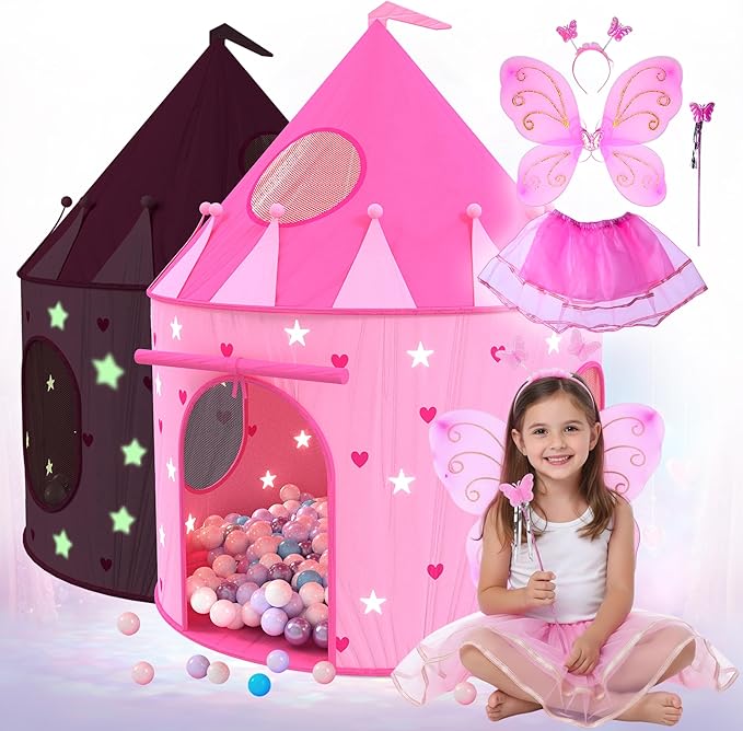 Playz Princess Castle Pop Up Tent & Dress Up Set ??Kids Pink Playhouse Tent for Girls with Glow in The Dark Stars, Foldable Indoor Outdoor Toddler or Baby Girl Tent with Carrying Case