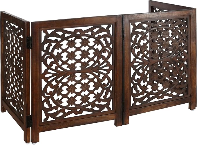 Lightnpro 4 Panel Wooden Dog Gate - 72 Inch Extra-Wide Freestanding Pet Fence - Foldable Indoor Safety Barrier for Small Dogs for Stairs, Doorways & Hallways – Natural Burnt (24x18 Inch Panels)