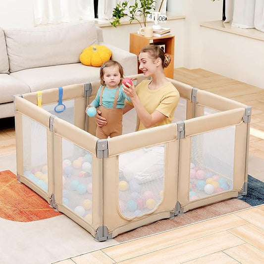 Dripex Portable Folding Playpen, 49"×47" Compact Baby Playpen, Indoor/Outdoor Safety Gate with Dual Gates & Breathable Mesh, Khaki