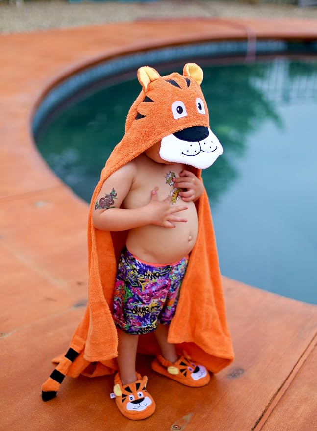 Hooded Baby Towel for Kids 2-8 | Large 100% Cotton Baby Towel for Girls or Boys in Orange | Unisex Cute Tiger Bath Towels for Babies and Toddlers