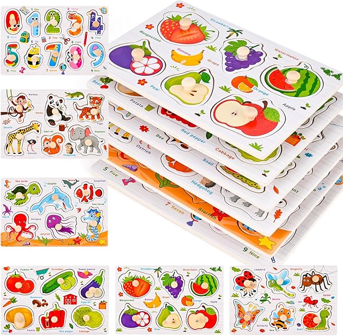 Wooden Peg Puzzles for Toddlers 3 4 5 Years Old, 6 PCS Toddler Puzzles (Vegetables, Numbers, Fruits, Insects, Sea and Animals), Great Preschool Learning Puzzle Toys for Girls and Boys