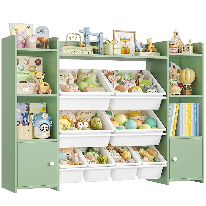 FOTOSOK Toy Storage Organizer with 8 Toy Bins, Toy Organizer Kids Bookshelf with 6 Storage Cubbies, Stuffed Animal Storage Organizer, Playroom Storage and Toy Chest, Green