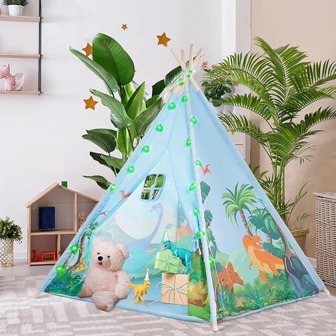 BRINJOY Teepee Tent for Kids, Toddlers Dinosaur Play Tent with LED String Lights, Foldable Children Teepee Tent Toy w/Storage Bag, Indoor Outdoor Pretend Playhouse Gift for Boys Girls Ages 3+