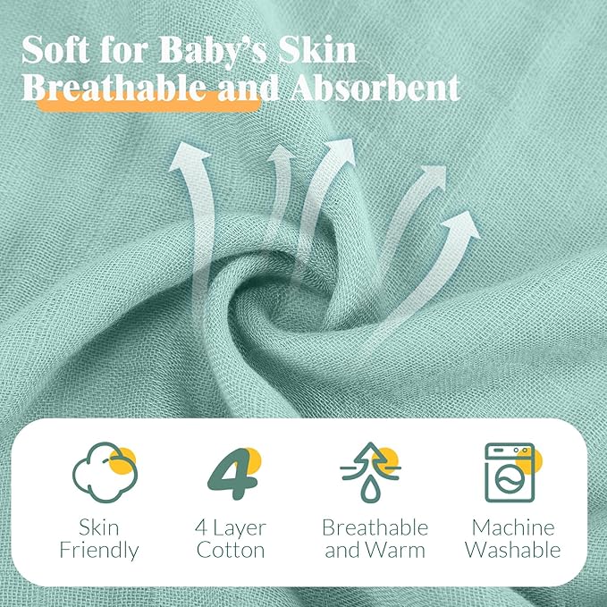 Preboun 6 Pcs Muslin Hooded Baby Towels and Washcloths 32"x 32" Cotton Newborn Bath Towel Anti-Shrink Infant Baby Blankets with Hood 12"x 12" Washcloths for Girl Boy Toddler(Green,Blue)