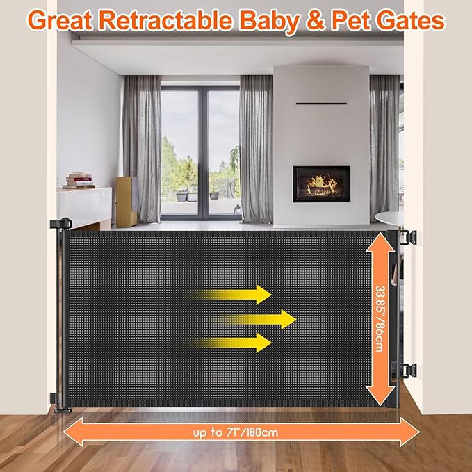 71 inch Retractable Baby Gates, EZIGO Extra Wide Baby Gate for Large Opening Extra Long Mesh Gate for Kids or Pet Dog Gate Child Safety Gate for Stairs Hallways Doorway Indoor Outdoor, Black