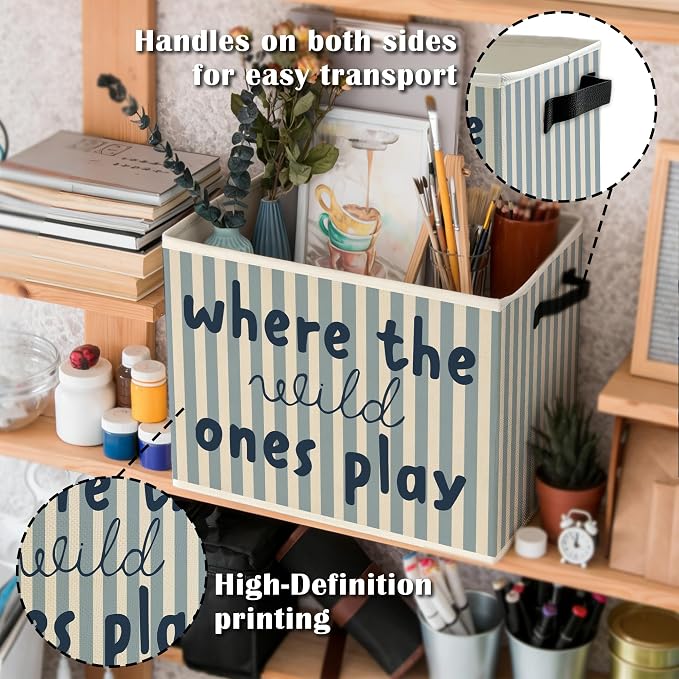 Blue Stripe Boho Classroom Storage Bins Box with Handles, Where the Wild Ones Play Collapsible Basket Organizer for Kids Playroom Nursery Bedroom Bathroom Toys Books Clothes