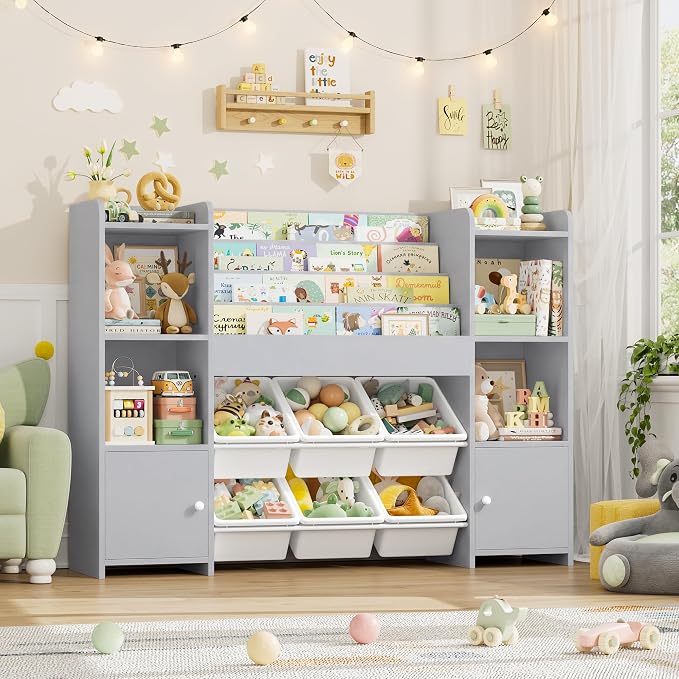 FINETONES Toy Storage Organizer with 6 Toy Bins, Toy Organizer Kids Bookshelf with 6 Cubbies, Toy Organizers and Storage Bins, Playroom Storage and Toy Chest, Grey