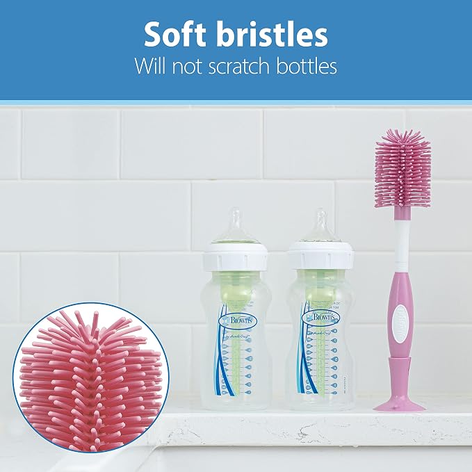 Dr. Brown's Soft Touch No Scratch Baby Bottle Cleaning Brush, Pink, 1-Pack + Deluxe Baby Bottle Brush with Vent Cleaning Brush, BPA-Free, Blue, 1-Pack