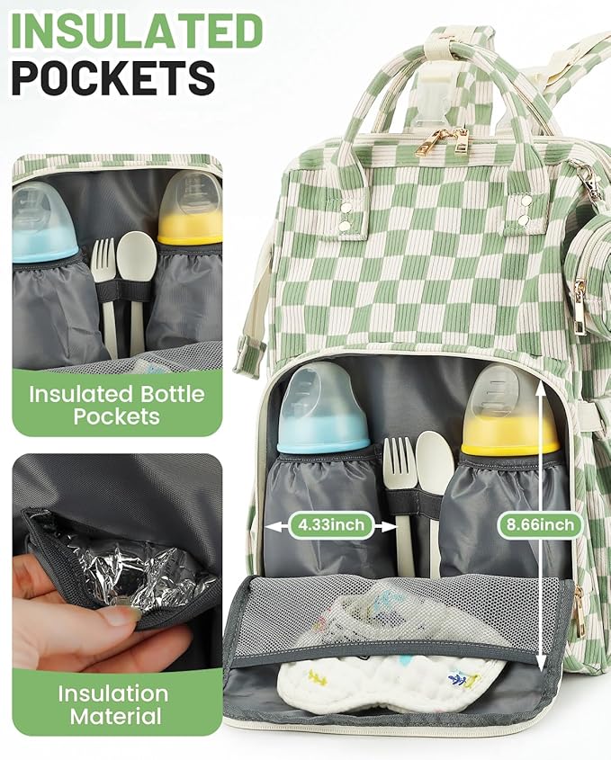 Corduroy Diaper Bag Backpack, Large Capacity Multifunction Baby Diaper Bags for Women, Insulated Bottle Pockets & Pacifier Case, Stylish Travel Nappy Changing Bags for Mom Dad (Checkered Green)