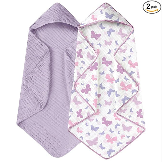 Yoofoss Hooded Baby Towels for Newborn 2 Pack 100% Muslin Organic Cotton Baby Bath Towel with Hood for Babies, Infant, Toddler and Kids, 32x32Inch, Soft and Absorbent Newborn Essential, Butterfly