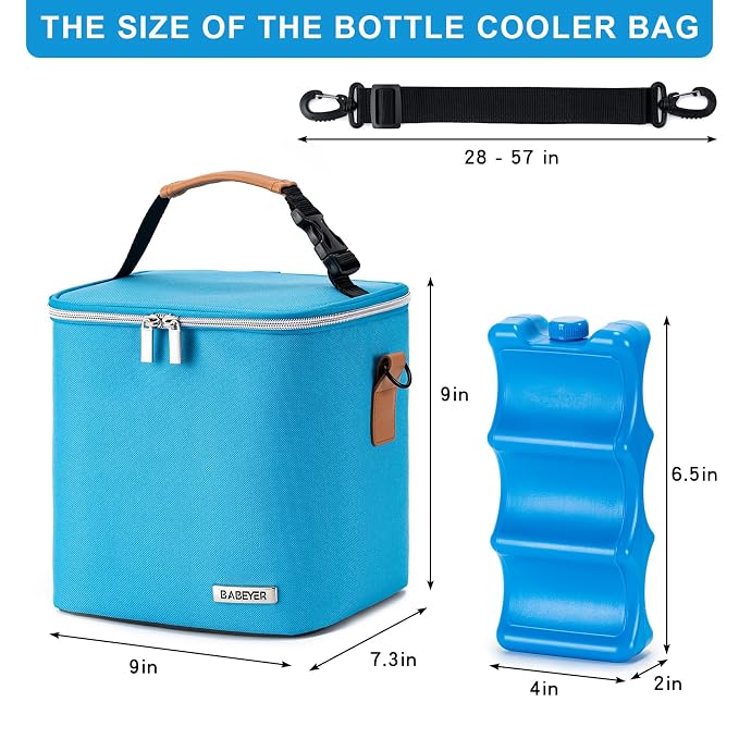Breastmilk Cooler Bag with Ice Pack Fits 6 Baby Bottles Up to 9 Ounce, Baby Bottle Bag with Shoulder Strap for Nursing Mom Daycare, Blue