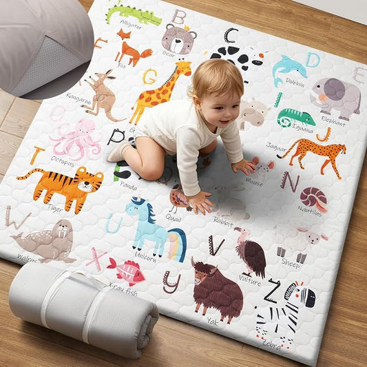 2-in-1 Baby Play Mat Indoor & Outdoor, 50x50in Thick Foam Playpen Mat with Waterproof Removable Cover, Non-Slip Soft Crawling Floor Mat for Infants, Toddlers, Travel, Picnic & Camping, Alphabet