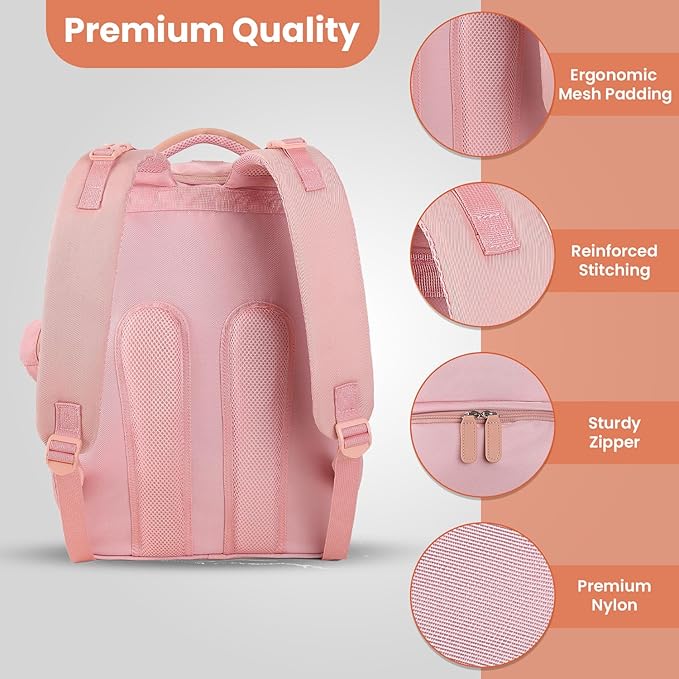 Baby Diaper Bag Backpack with Changing Station, 28Liters Capacity Nylon Baby Registry Mom Bags, Travel Friendly Unisex Bag, Essential Bag with Insulated Pockets, Pink