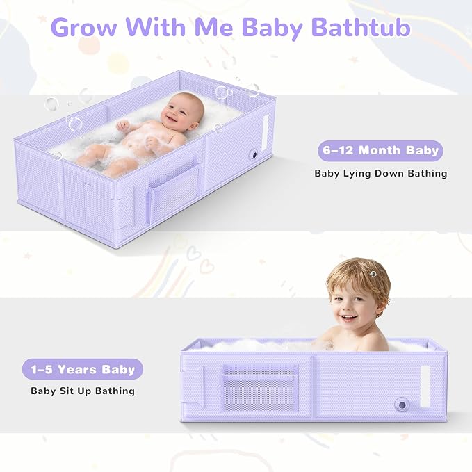 Collapsible Baby Bathtub, Foldable Toddler Bath Tub with Chick Pattern Bath Rinse Cup, No Assembly Portable Travel Bathtub for 6M-5Y, Ideal for Shower, Travel Essentials & Baby Registry Gift