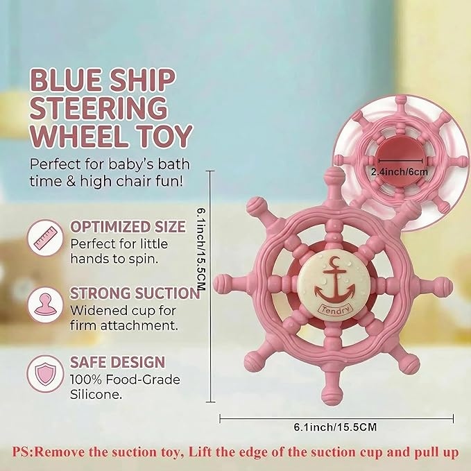 Baby Suction Spinner Toys for Bathtub, Silicone Pink Toddler Bath & High Chair Toys for 1 Year Old Boy/Girl Birthday Gift, Interactive Ship Steering Wheel InfantToy for Car Window Travel