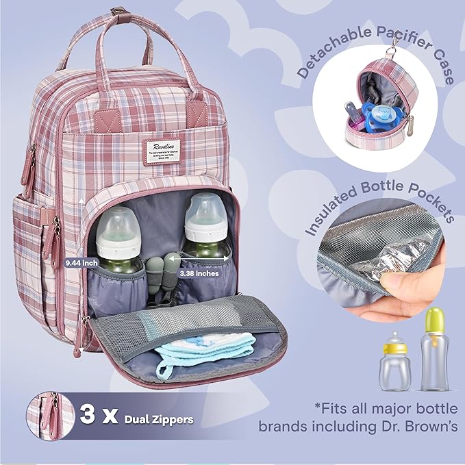 RUVALINO Diaper Bag Backpack, Multifunction Travel Pack Maternity Baby Changing Bags, Large Capacity, Waterproof, Pink Plaid