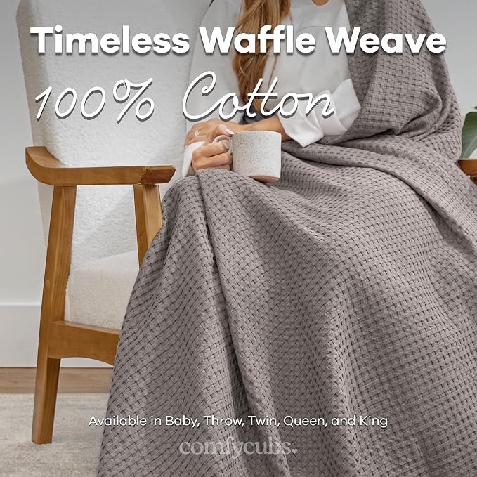 Comfy Cubs Waffle Blanket King, 108" x 90" - 100% Cotton Lightweight Breathable Bed Blanket - Soft Textured Thermal Weave for All Seasons – Decorative Cozy Layer for Couch, Sofa, or Bed - Charcoal