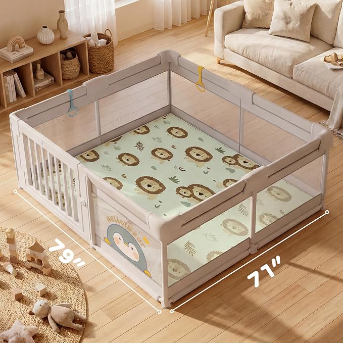 1.5" Thick Premium Baby Floor Play Mat, 71x79 Over-Sized Padded Memory Foam Mat, Tummy Time Crawling Playmat for Nursery Kids Playroom, Lion