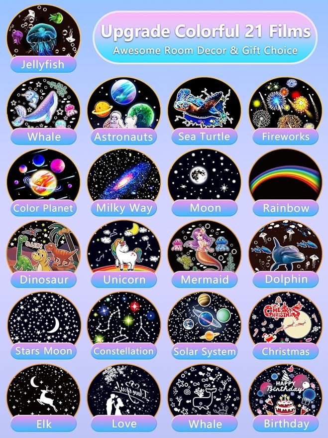 Night Light for Kids + 21 Sets of Films, Projector Night Light for Kids Bedroom, Ceiling, Star Galaxy Projector for 3-14 Years Old Baby Girls with 360° Rotation for Birthday, Christmas, Room Decor