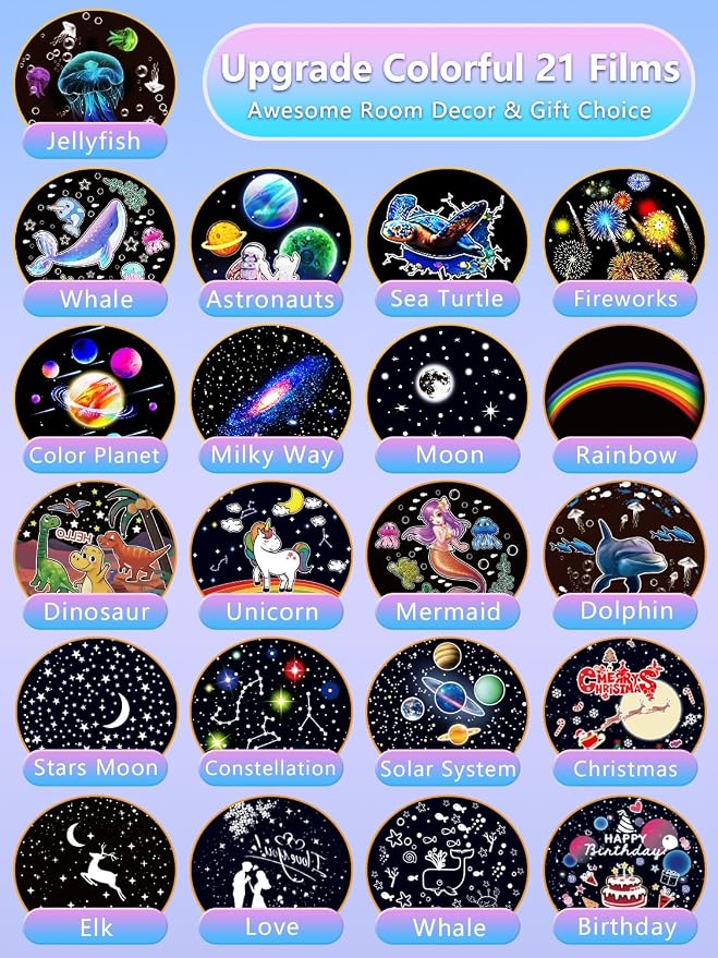 Kids Night Light Projector + 21 Sets of Films, Projector Night Light for Kids Bedroom, Ceiling, Star Galaxy Projector for Baby Girls with 360° Rotation, Dimmable for Birthday, Christmas, Room Decor