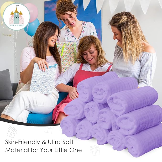 Cute Castle 12 Pack Muslin Baby Washcloths - Large 12'' by 12'' - Ultra Soft 100% Cotton - Super Absorbent Burp Cloths for Unisex, Boy, Girl -Purple